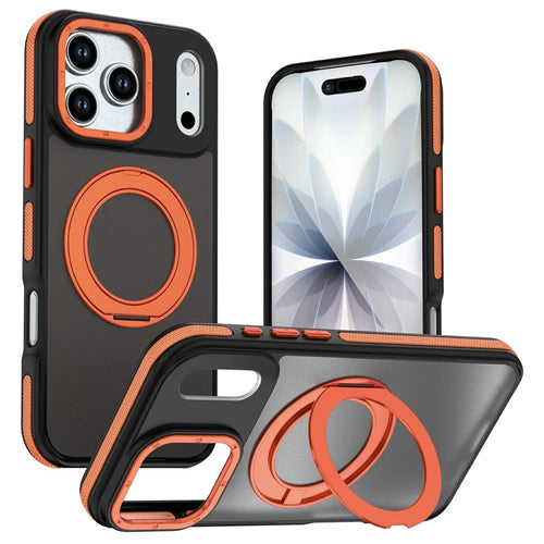 For iPhone 17 Pro Max Magnetic Case Double Color Rotating Ring Kickstand PC + TPU Phone Cover - Orange - 1