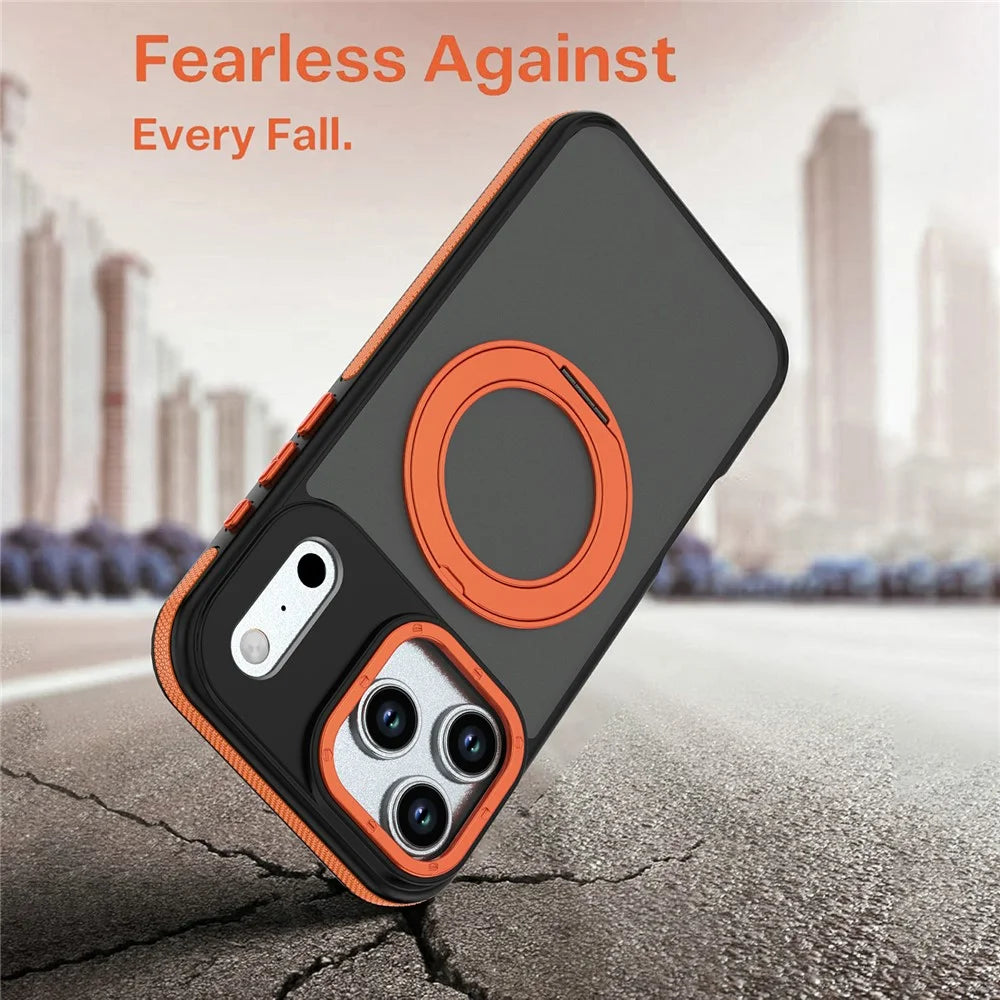 For iPhone 17 Pro Max Magnetic Case Double Color Rotating Ring Kickstand PC + TPU Phone Cover - Orange - 5