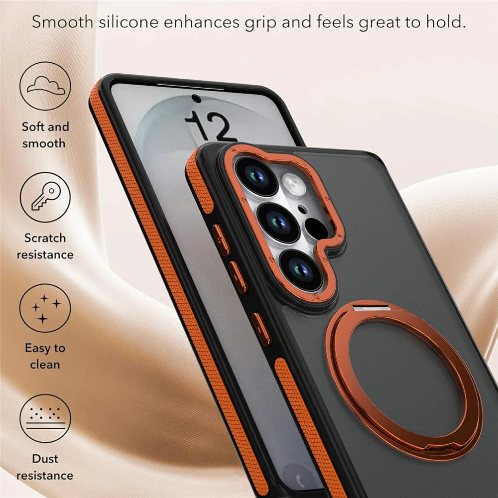For Samsung Galaxy S23 Ultra Magnetic Case Double Color Rotating Ring Kickstand PC + TPU Phone Cover - Orange - 5