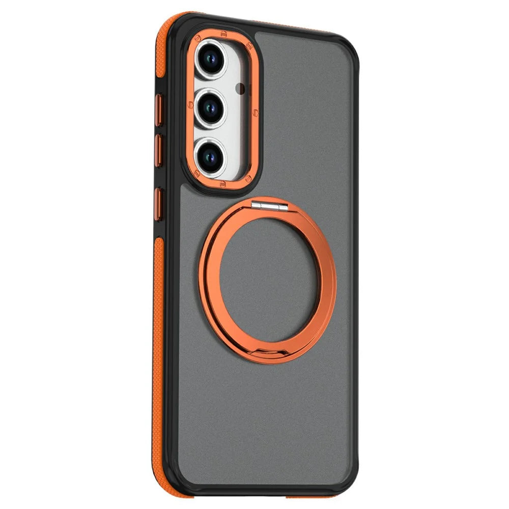 For Samsung Galaxy S23 FE Magnetic Case Double Color Rotating Ring Kickstand PC + TPU Phone Cover - Orange - 2