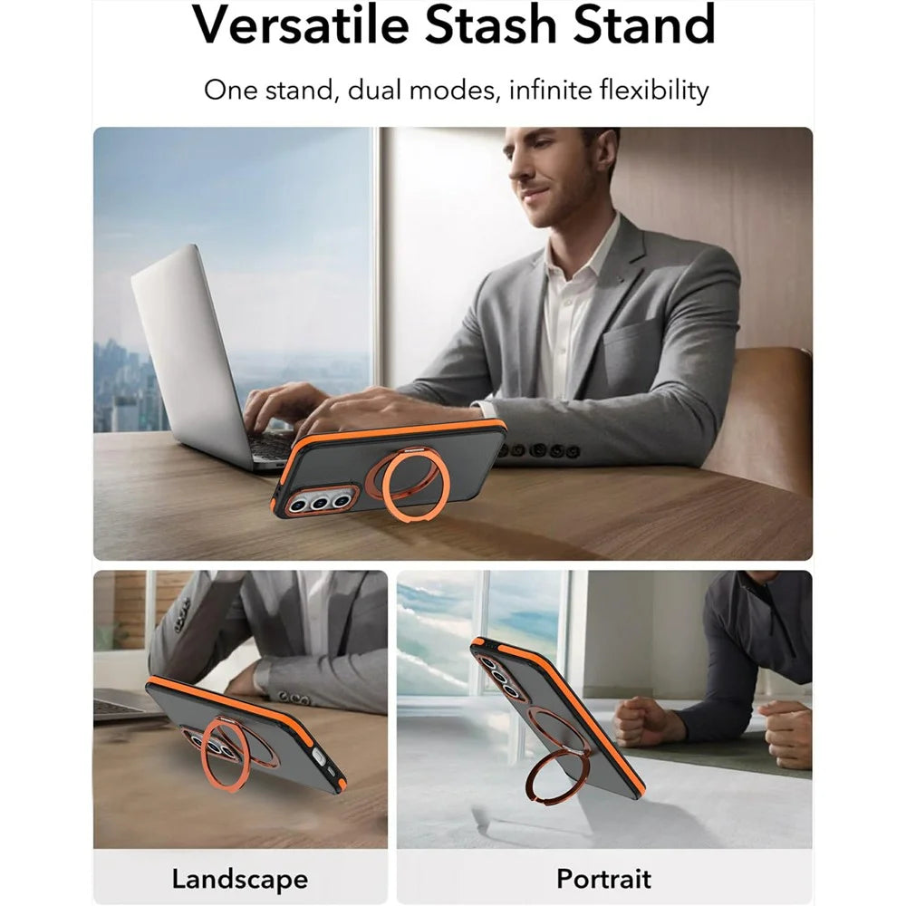 For Samsung Galaxy S23 FE Magnetic Case Double Color Rotating Ring Kickstand PC + TPU Phone Cover - Orange - 4