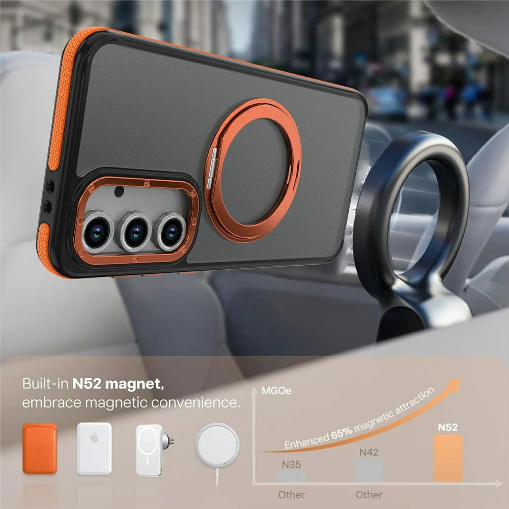 For Samsung Galaxy S23 FE Magnetic Case Double Color Rotating Ring Kickstand PC + TPU Phone Cover - Orange - 6