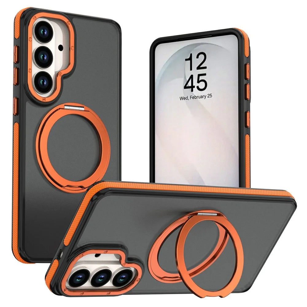 For Samsung Galaxy S24+  /  S25+ Magnetic Case Double Color Rotating Ring Kickstand PC + TPU Phone Cover - Orange - 1