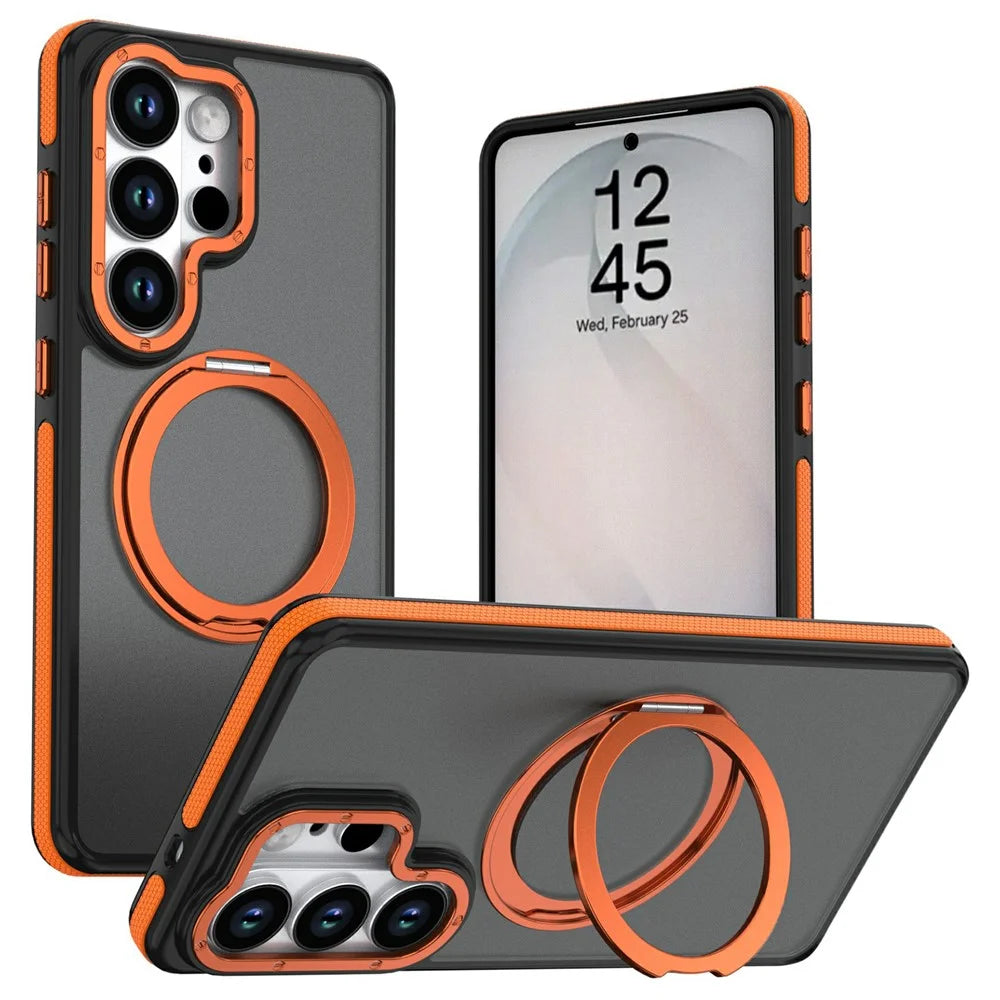 For Samsung Galaxy S24 Ultra Magnetic Case Double Color Rotating Ring Kickstand PC + TPU Phone Cover - Orange - 1