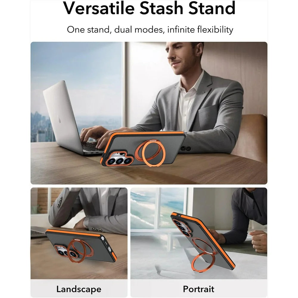 For Samsung Galaxy S24 Ultra Magnetic Case Double Color Rotating Ring Kickstand PC + TPU Phone Cover - Orange - 4