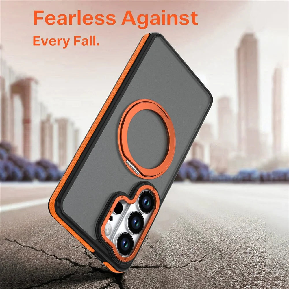 For Samsung Galaxy S24 Ultra Magnetic Case Double Color Rotating Ring Kickstand PC + TPU Phone Cover - Orange - 7