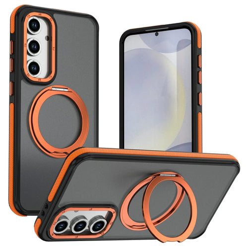 For Samsung Galaxy S24 FE Magnetic Case Double Color Rotating Ring Kickstand PC + TPU Phone Cover - Orange - 1