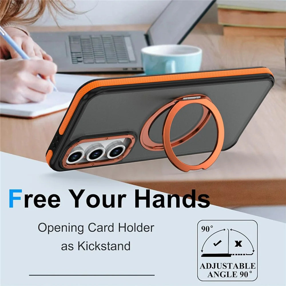 For Samsung Galaxy S24 FE Magnetic Case Double Color Rotating Ring Kickstand PC + TPU Phone Cover - Orange - 3