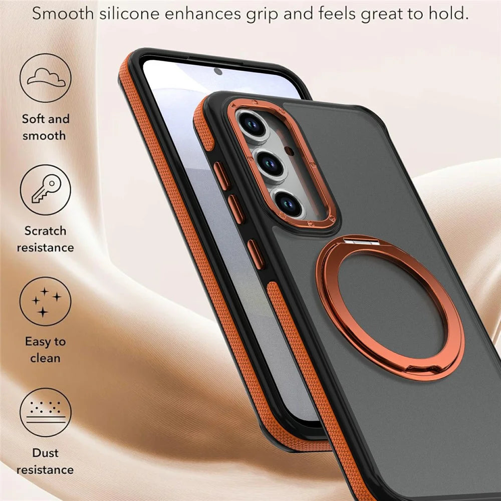 For Samsung Galaxy S24 FE Magnetic Case Double Color Rotating Ring Kickstand PC + TPU Phone Cover - Orange - 5