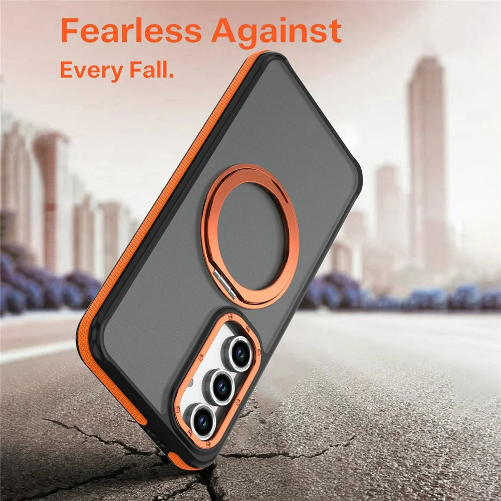 For Samsung Galaxy S24 FE Magnetic Case Double Color Rotating Ring Kickstand PC + TPU Phone Cover - Orange - 7
