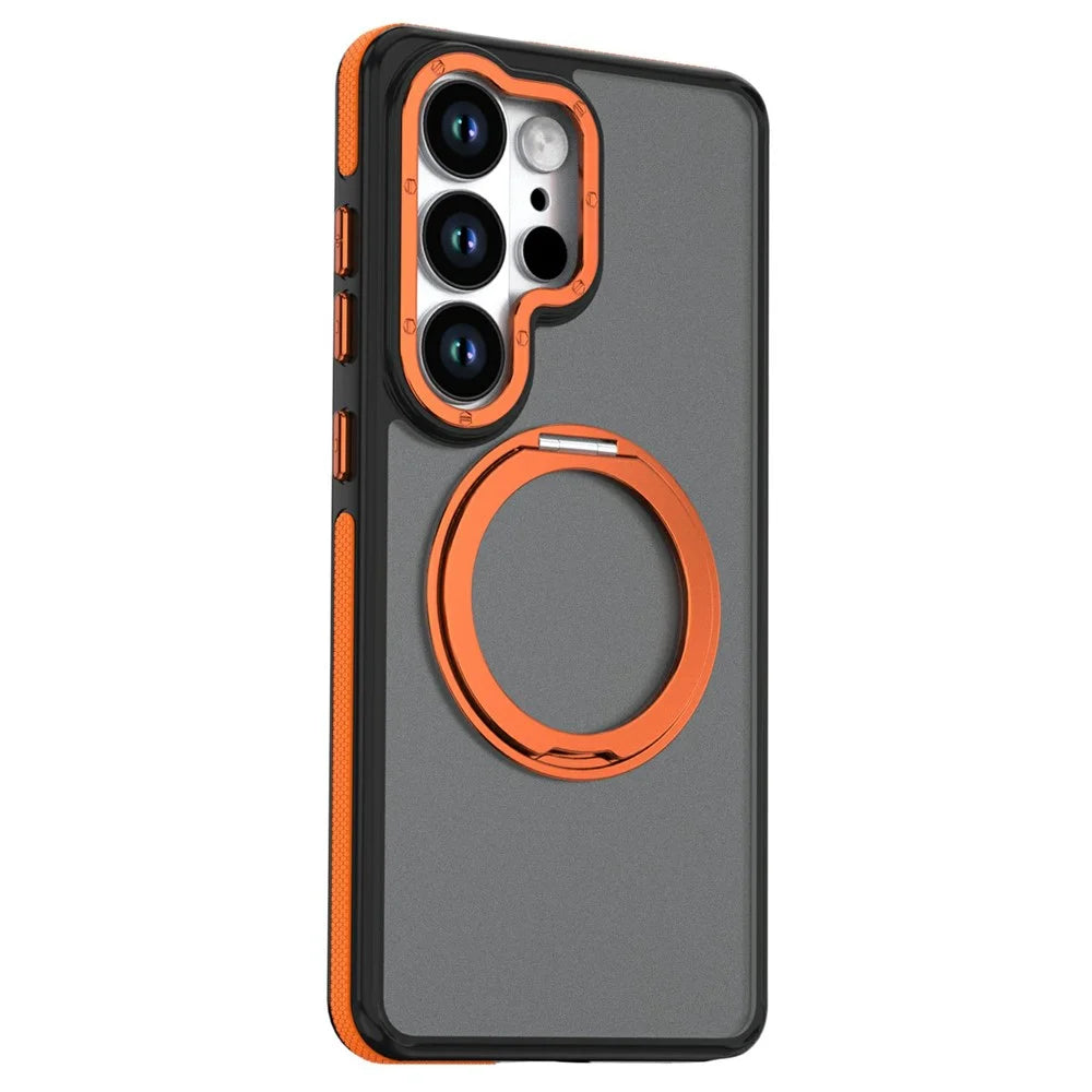 For Samsung Galaxy S25 Ultra Magnetic Case Double Color Rotating Ring Kickstand PC + TPU Phone Cover - Orange - 2