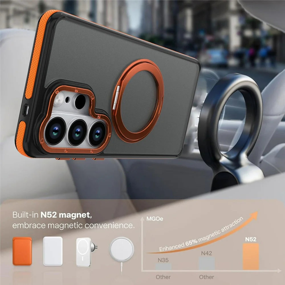 For Samsung Galaxy S25 Ultra Magnetic Case Double Color Rotating Ring Kickstand PC + TPU Phone Cover - Orange - 6
