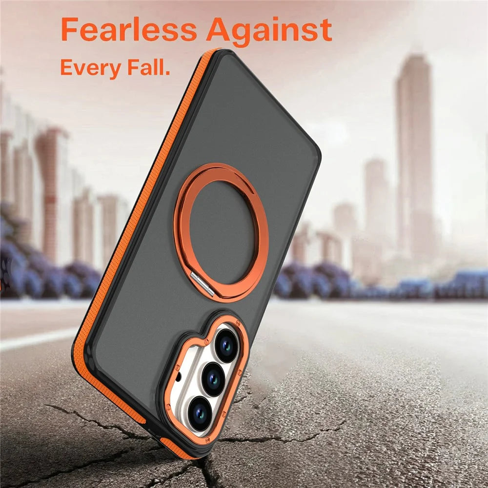 For Samsung Galaxy S26 Magnetic Case Double Color Rotating Ring Kickstand PC + TPU Phone Cover - Orange - 7