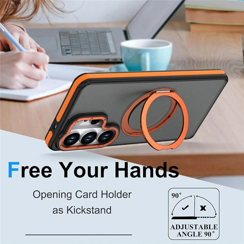 For Samsung Galaxy S26 Ultra Magnetic Case Double Color Rotating Ring Kickstand PC + TPU Phone Cover - Orange - 3