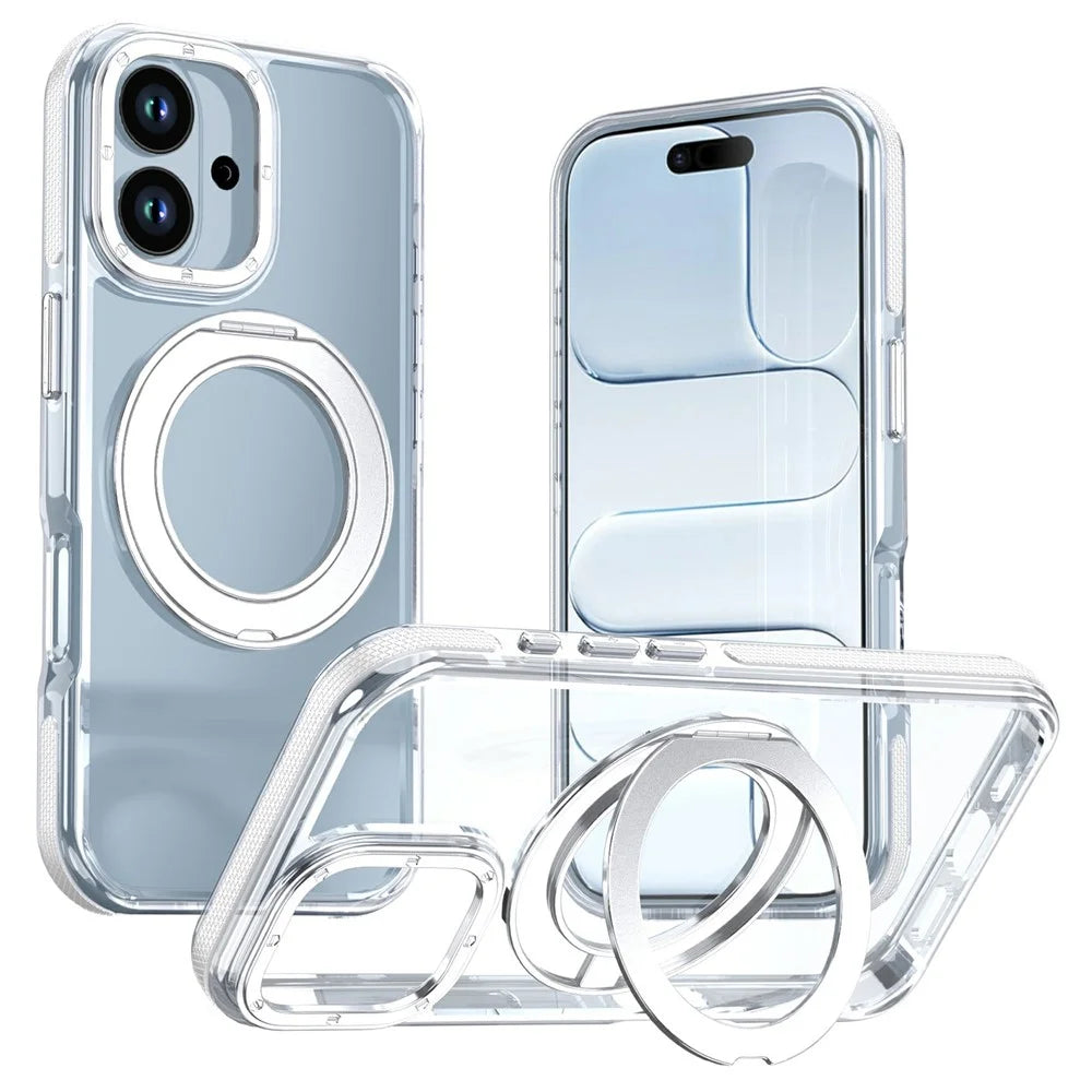 For iPhone 17 Magnetic Case Rotating Ring Kickstand Dual Color Acrylic + TPU Clear Phone Cover - White - 1