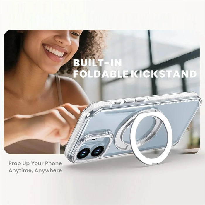 For iPhone 17 Magnetic Case Rotating Ring Kickstand Dual Color Acrylic + TPU Clear Phone Cover - White - 4