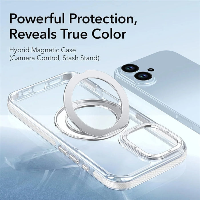For iPhone 17 Magnetic Case Rotating Ring Kickstand Dual Color Acrylic + TPU Clear Phone Cover - White - 5