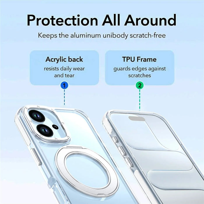 For iPhone 17 Magnetic Case Rotating Ring Kickstand Dual Color Acrylic + TPU Clear Phone Cover - White - 6