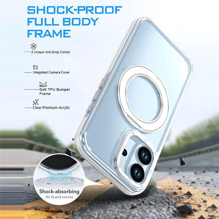 For iPhone 17 Magnetic Case Rotating Ring Kickstand Dual Color Acrylic + TPU Clear Phone Cover - White - 7