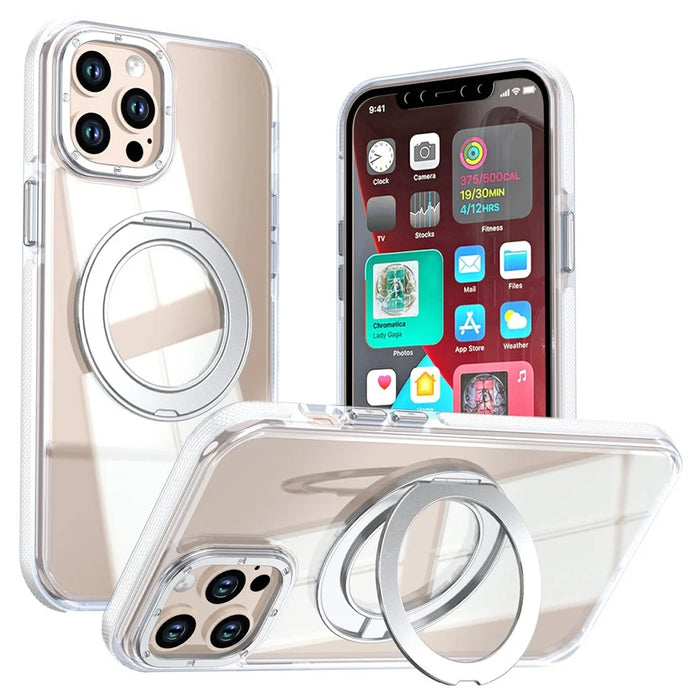 For iPhone 12 Pro Max Magnetic Case Rotating Ring Kickstand Dual Color Acrylic + TPU Clear Phone Cover - White - 1