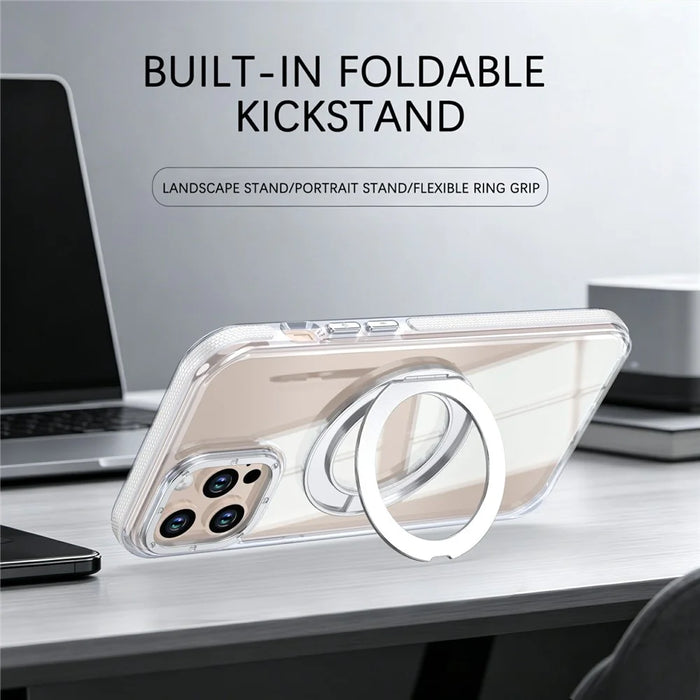 For iPhone 12 Pro Max Magnetic Case Rotating Ring Kickstand Dual Color Acrylic + TPU Clear Phone Cover - White - 3