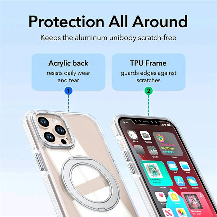 For iPhone 12 Pro Max Magnetic Case Rotating Ring Kickstand Dual Color Acrylic + TPU Clear Phone Cover - White - 6