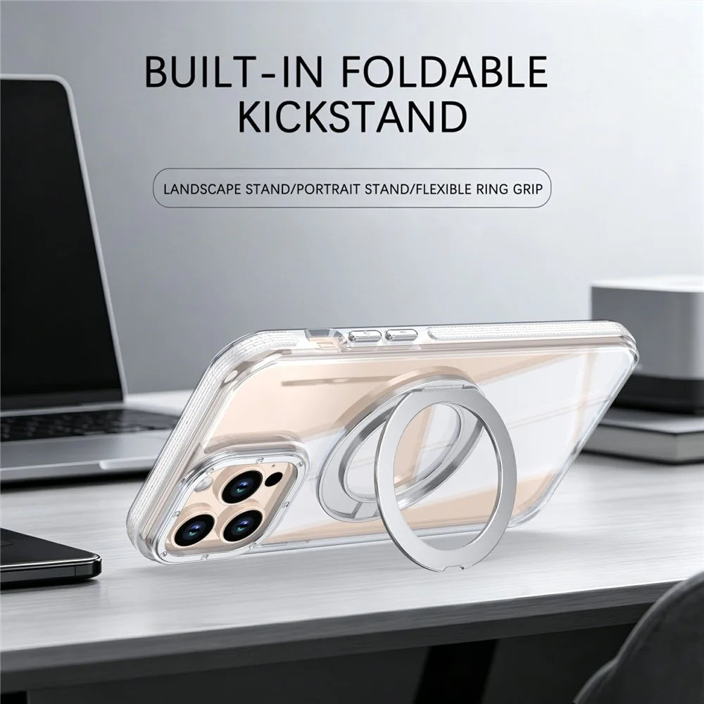 For iPhone 14 Pro Magnetic Case Rotating Ring Kickstand Dual Color Acrylic + TPU Clear Phone Cover - White - 3