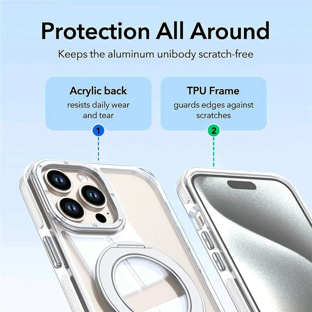 For iPhone 14 Pro Magnetic Case Rotating Ring Kickstand Dual Color Acrylic + TPU Clear Phone Cover - White - 6