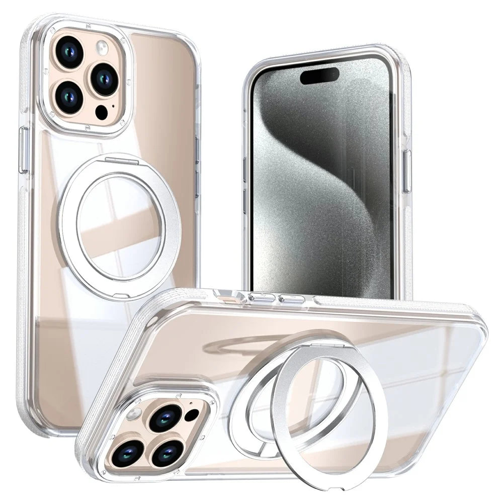 For iPhone 14 Pro Max Magnetic Case Rotating Ring Kickstand Dual Color Acrylic + TPU Clear Phone Cover - White - 1