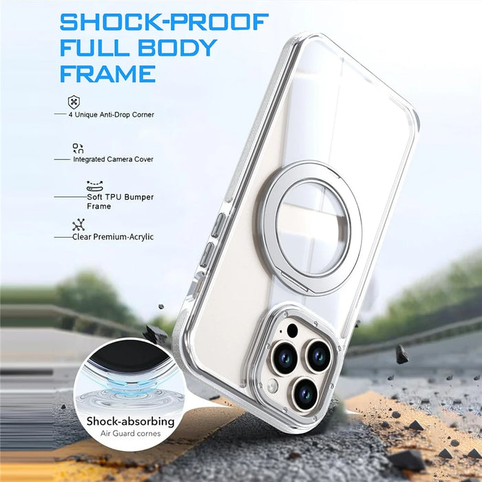 For iPhone 14 Pro Max Magnetic Case Rotating Ring Kickstand Dual Color Acrylic + TPU Clear Phone Cover - White - 7