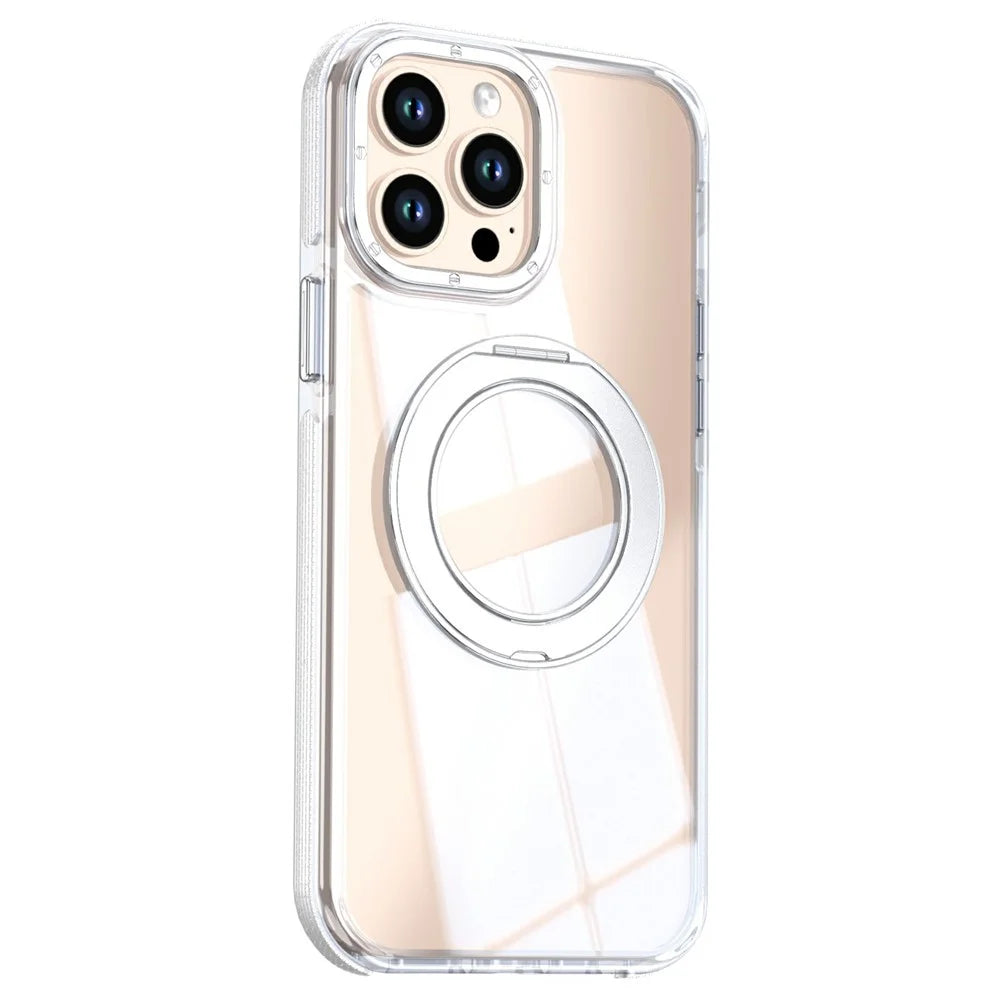 For iPhone 15 Pro Max Magnetic Case Rotating Ring Kickstand Dual Color Acrylic + TPU Clear Phone Cover - White - 2
