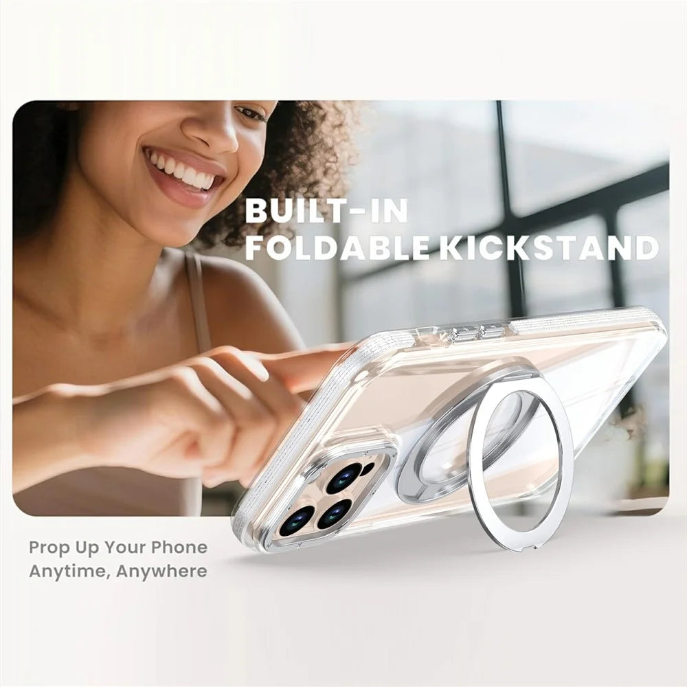 For iPhone 15 Pro Max Magnetic Case Rotating Ring Kickstand Dual Color Acrylic + TPU Clear Phone Cover - White - 4