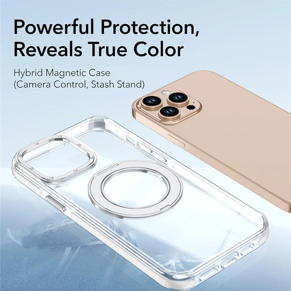 For iPhone 15 Pro Max Magnetic Case Rotating Ring Kickstand Dual Color Acrylic + TPU Clear Phone Cover - White - 5