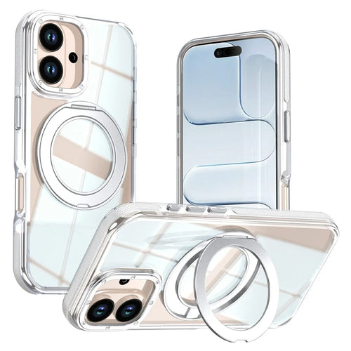 For iPhone 16 Magnetic Case Rotating Ring Kickstand Dual Color Acrylic + TPU Clear Phone Cover - White - 1