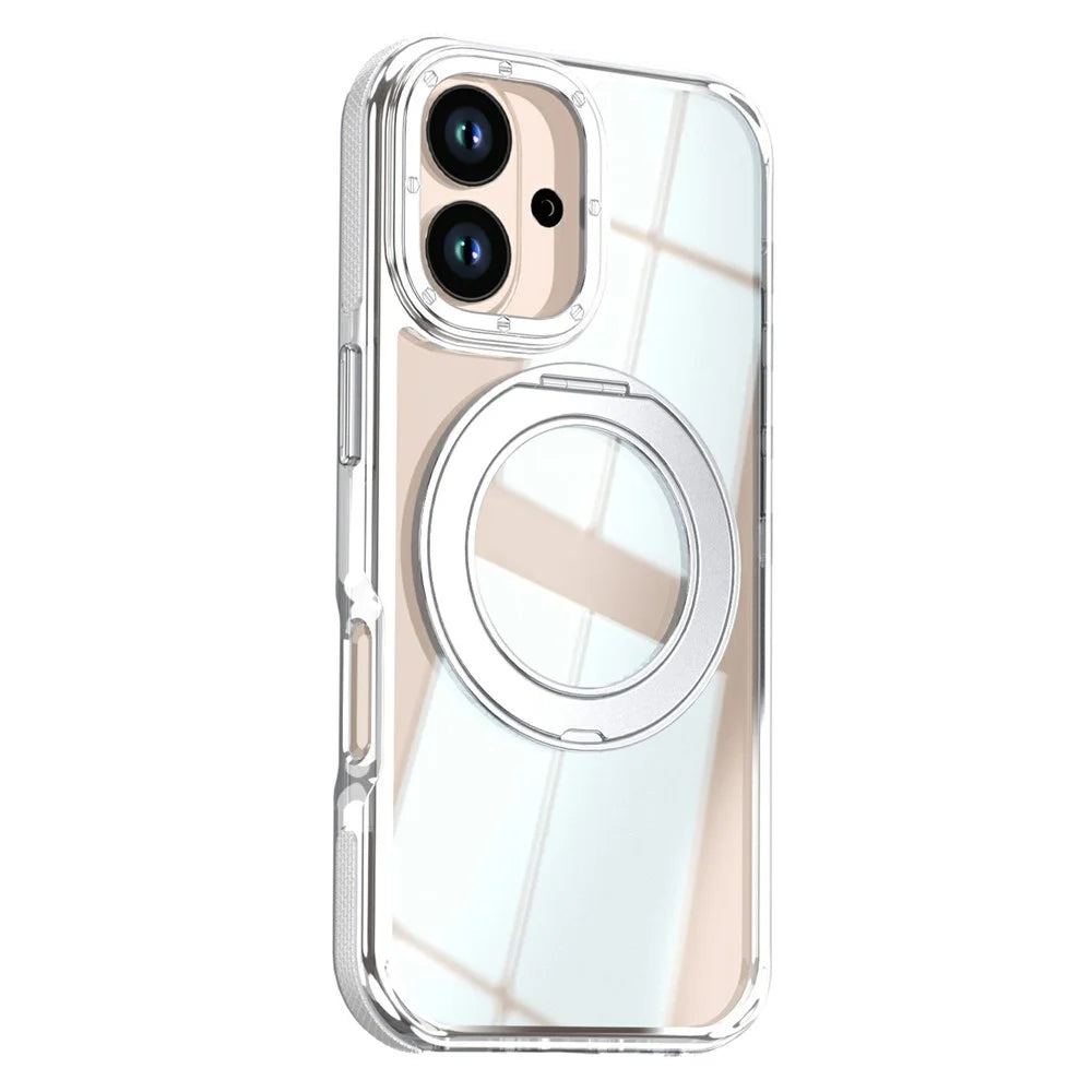 For iPhone 16 Magnetic Case Rotating Ring Kickstand Dual Color Acrylic + TPU Clear Phone Cover - White - 2