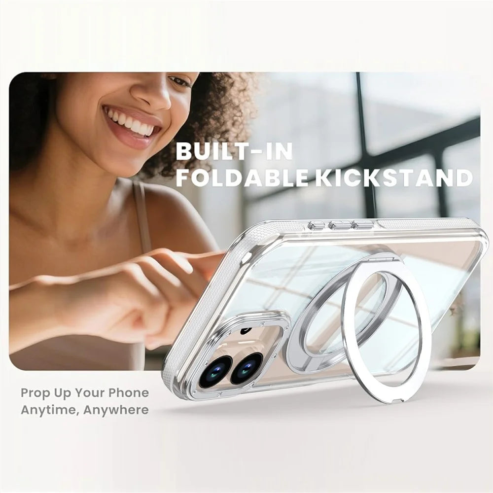 For iPhone 16 Magnetic Case Rotating Ring Kickstand Dual Color Acrylic + TPU Clear Phone Cover - White - 4