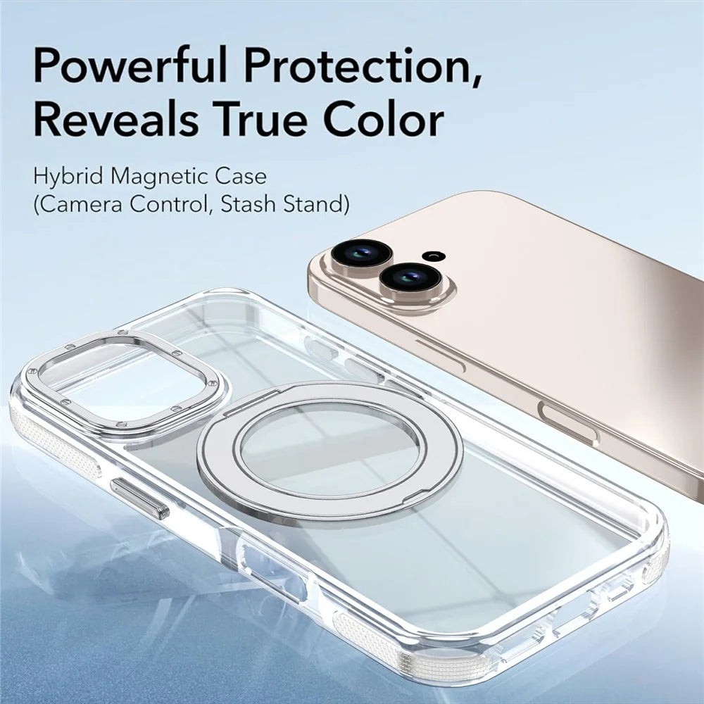 For iPhone 16 Magnetic Case Rotating Ring Kickstand Dual Color Acrylic + TPU Clear Phone Cover - White - 5