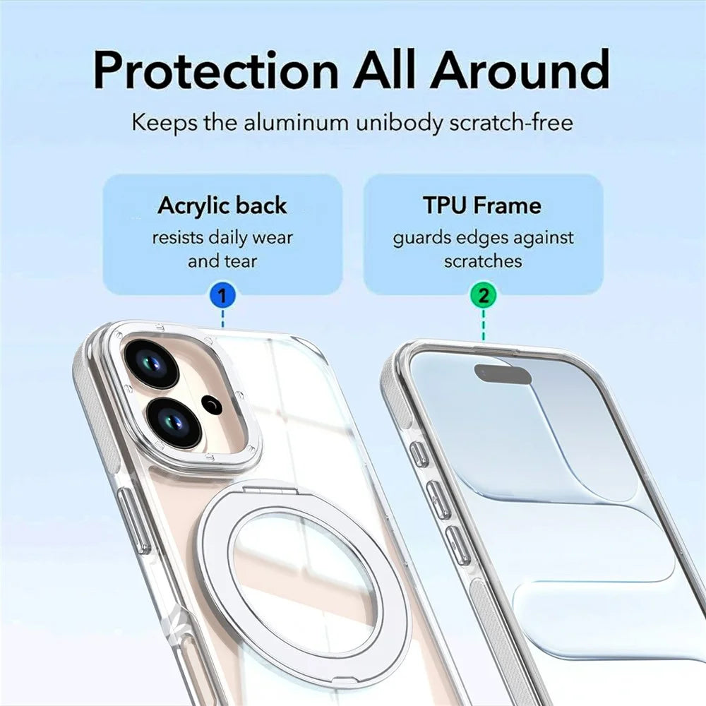 For iPhone 16 Magnetic Case Rotating Ring Kickstand Dual Color Acrylic + TPU Clear Phone Cover - White - 6