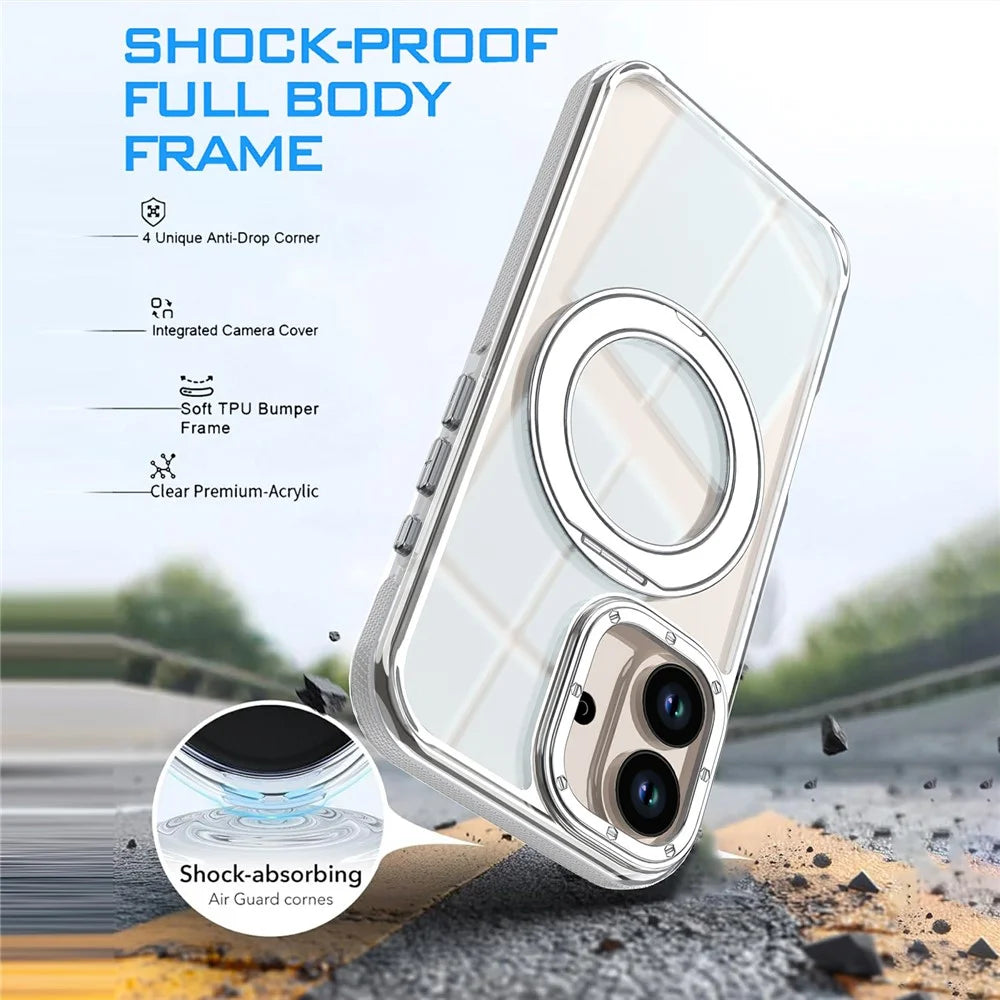 For iPhone 16 Magnetic Case Rotating Ring Kickstand Dual Color Acrylic + TPU Clear Phone Cover - White - 7