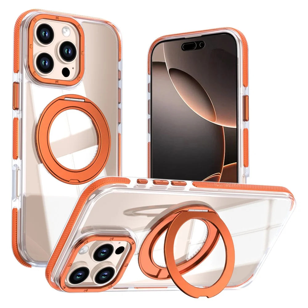For iPhone 16 Pro Max Magnetic Case Rotating Ring Kickstand Dual Color Acrylic + TPU Clear Phone Cover - Orange - 1