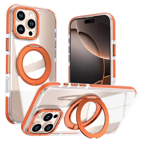 For iPhone 16 Pro Max Magnetic Case Rotating Ring Kickstand Dual Color Acrylic + TPU Clear Phone Cover - Orange - 1