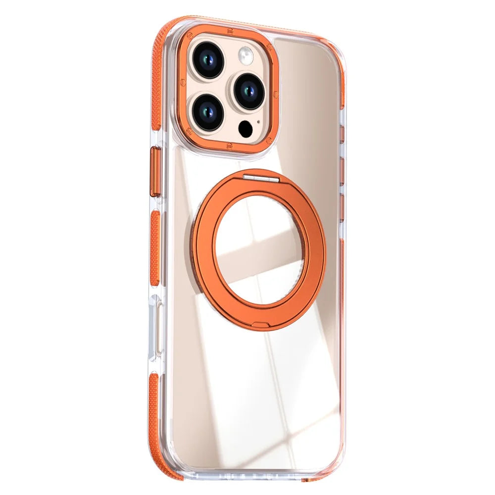 For iPhone 16 Pro Max Magnetic Case Rotating Ring Kickstand Dual Color Acrylic + TPU Clear Phone Cover - Orange - 2