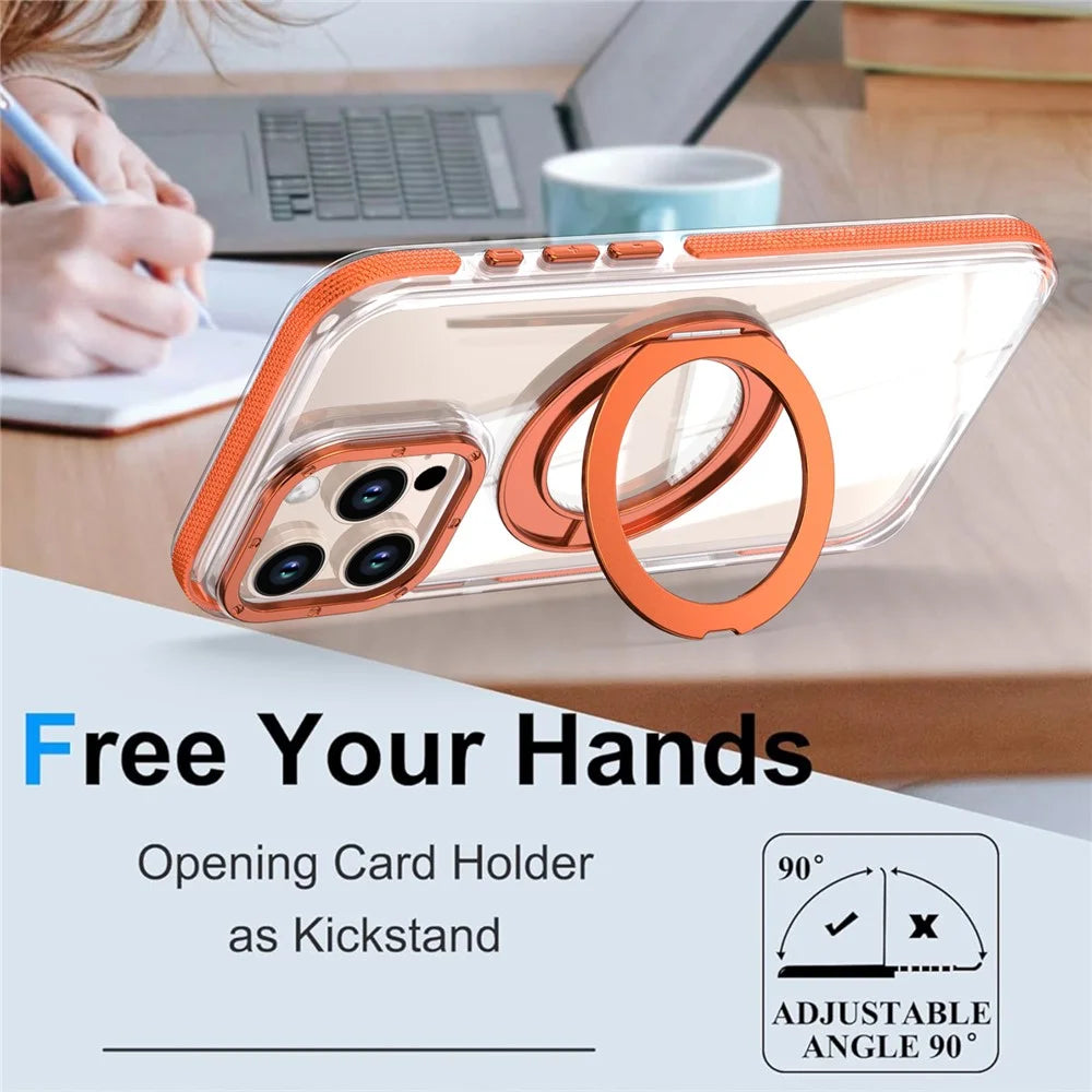 For iPhone 16 Pro Max Magnetic Case Rotating Ring Kickstand Dual Color Acrylic + TPU Clear Phone Cover - Orange - 3