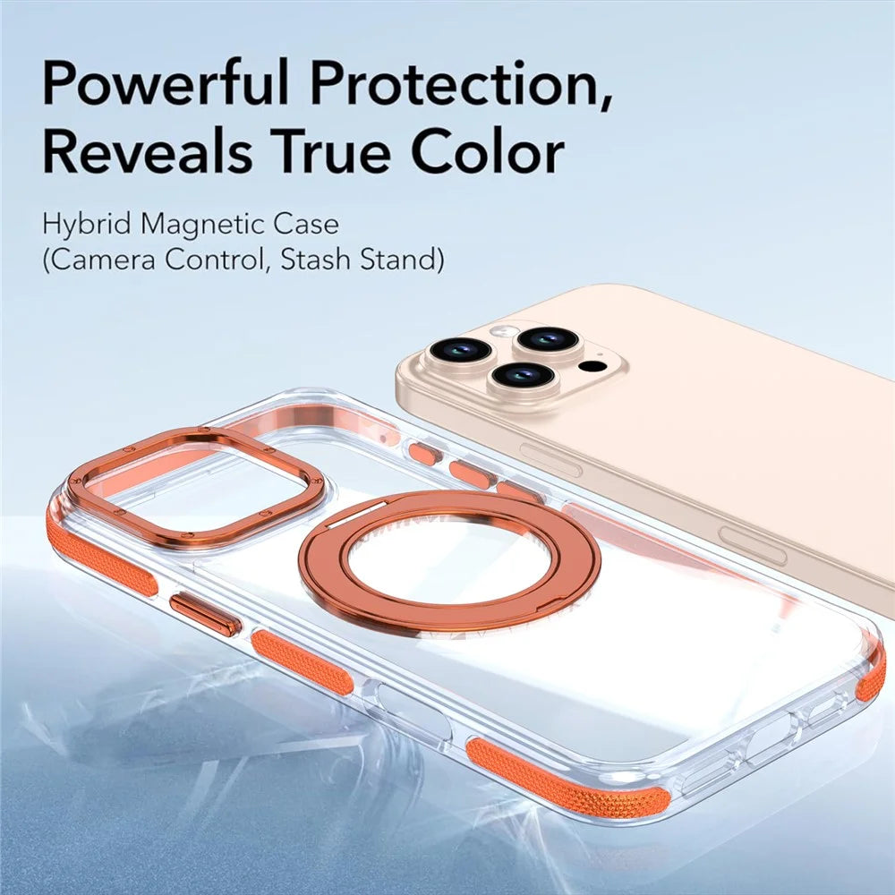 For iPhone 16 Pro Max Magnetic Case Rotating Ring Kickstand Dual Color Acrylic + TPU Clear Phone Cover - Orange - 4
