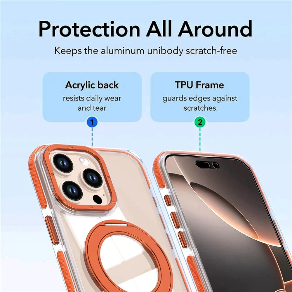For iPhone 16 Pro Max Magnetic Case Rotating Ring Kickstand Dual Color Acrylic + TPU Clear Phone Cover - Orange - 5