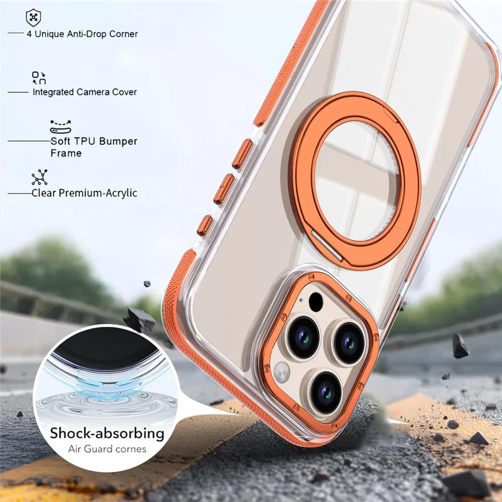 For iPhone 16 Pro Max Magnetic Case Rotating Ring Kickstand Dual Color Acrylic + TPU Clear Phone Cover - Orange - 6