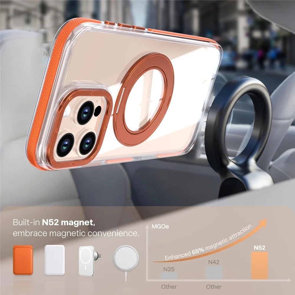 For iPhone 16 Pro Max Magnetic Case Rotating Ring Kickstand Dual Color Acrylic + TPU Clear Phone Cover - Orange - 7