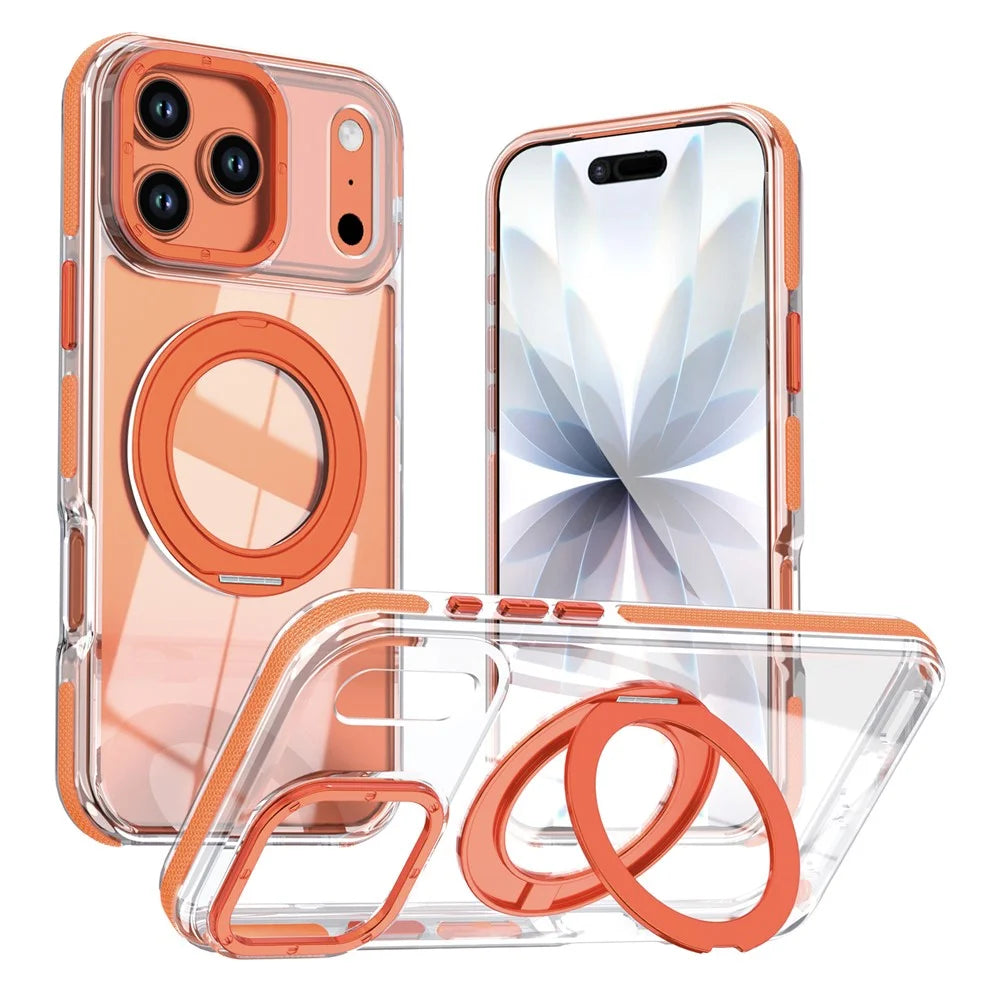For iPhone 17 Pro Magnetic Case Rotating Ring Kickstand Dual Color Acrylic + TPU Clear Phone Cover - Orange - 1