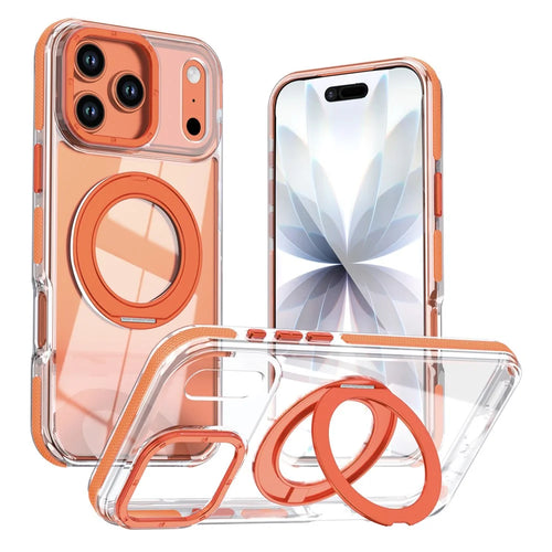 For iPhone 17 Pro Magnetic Case Rotating Ring Kickstand Dual Color Acrylic + TPU Clear Phone Cover - Orange - 1