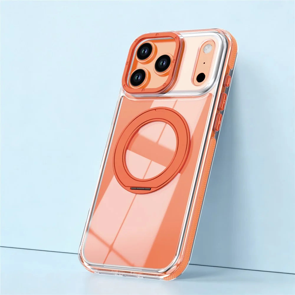 For iPhone 17 Pro Magnetic Case Rotating Ring Kickstand Dual Color Acrylic + TPU Clear Phone Cover - Orange - 2